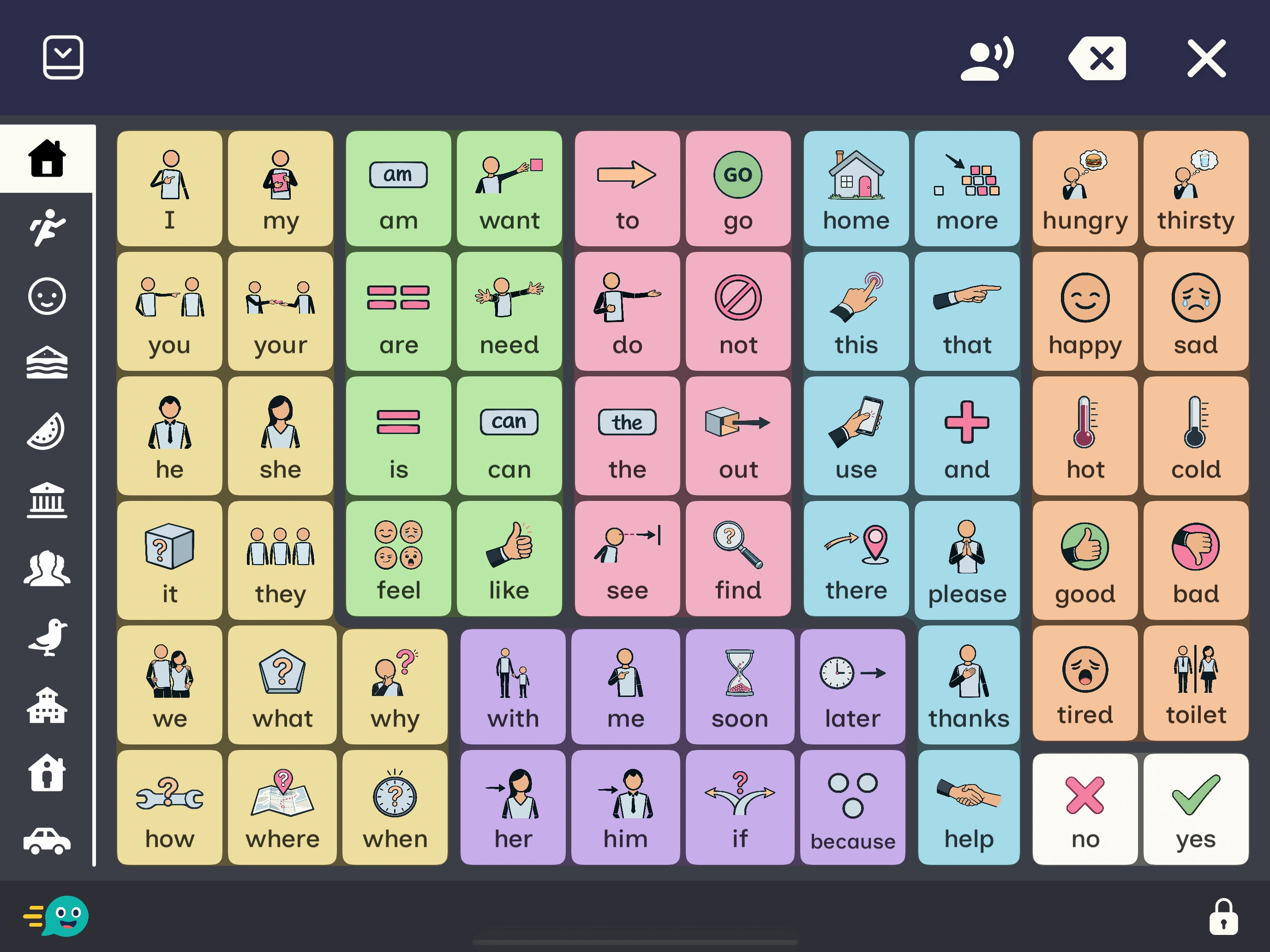The same Fast AAC page with a dark background and pastel vocabulary tiles