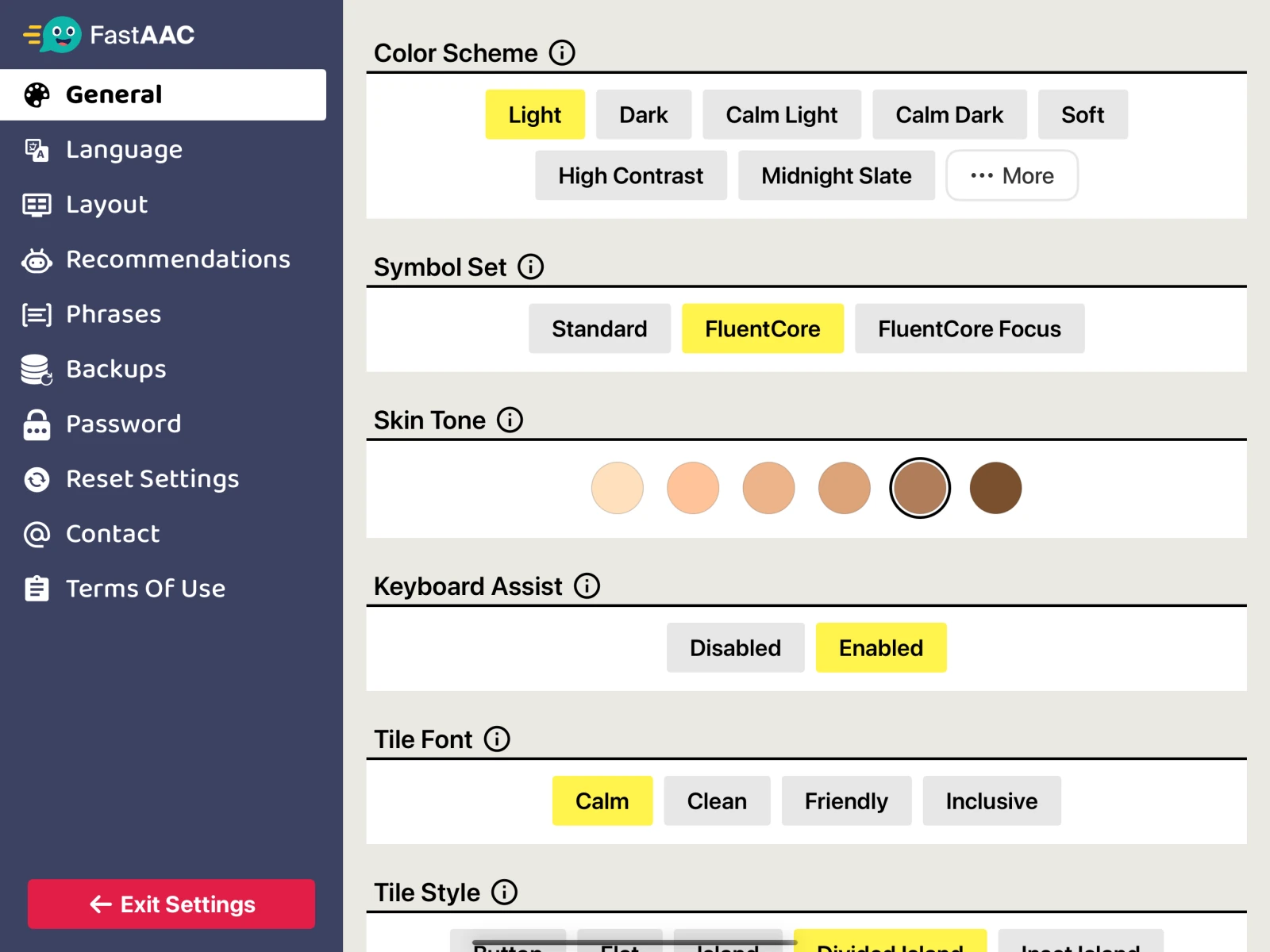 Fast AAC General Settings: Color Scheme, Symbol Set, Skin Tone, Keyboard Assist, and Tile Font.