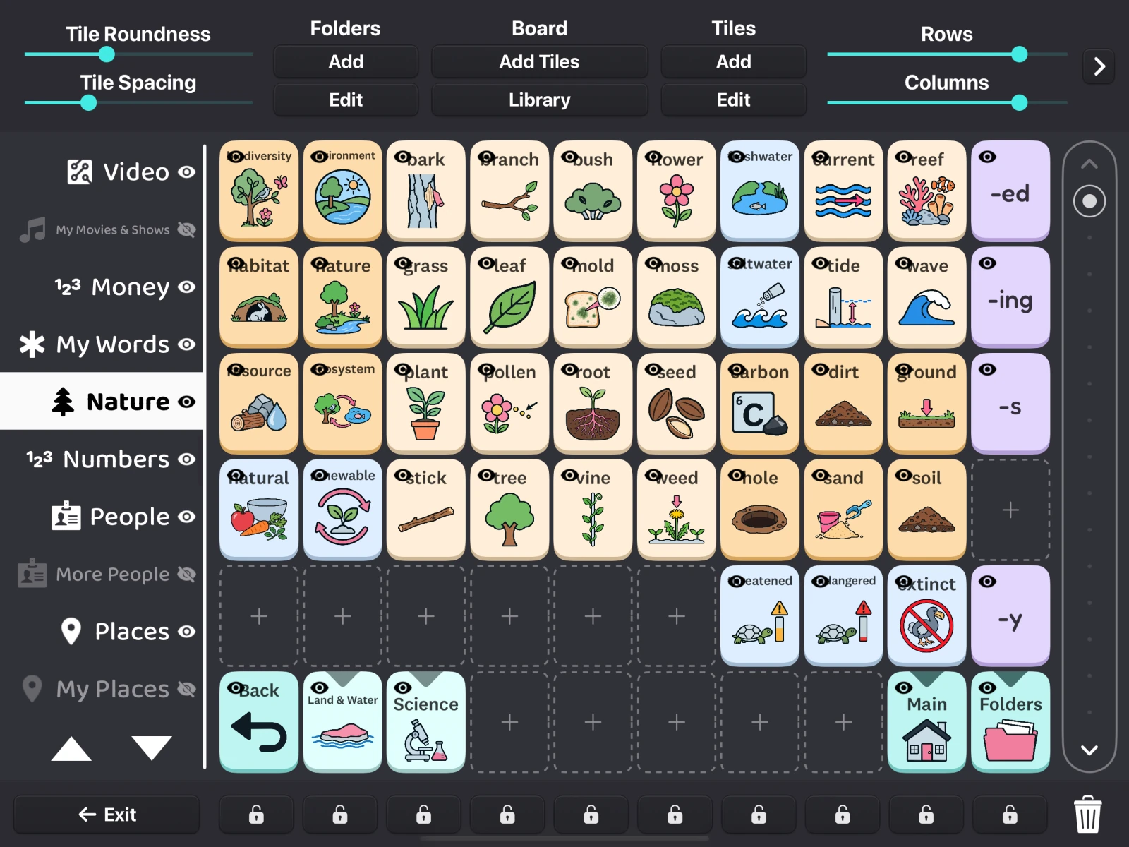 Fast AAC Edit Mode showing Folders, Board, Tiles, visibility controls, and empty plus tiles for adding vocabulary.