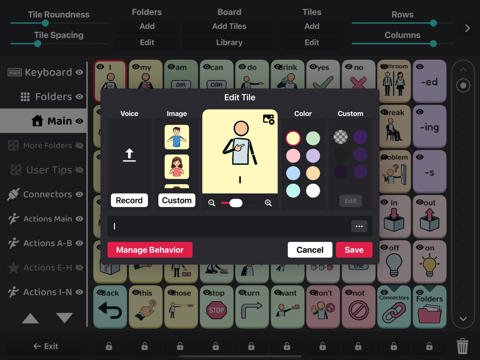 Fast AAC Edit Tile dialog with Voice, Image, Color, the name field, Additional Options, and Manage Behavior.