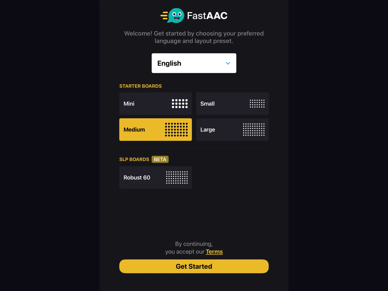 Fast AAC welcome screen with language, Starter Boards, SLP Boards, and Get Started.