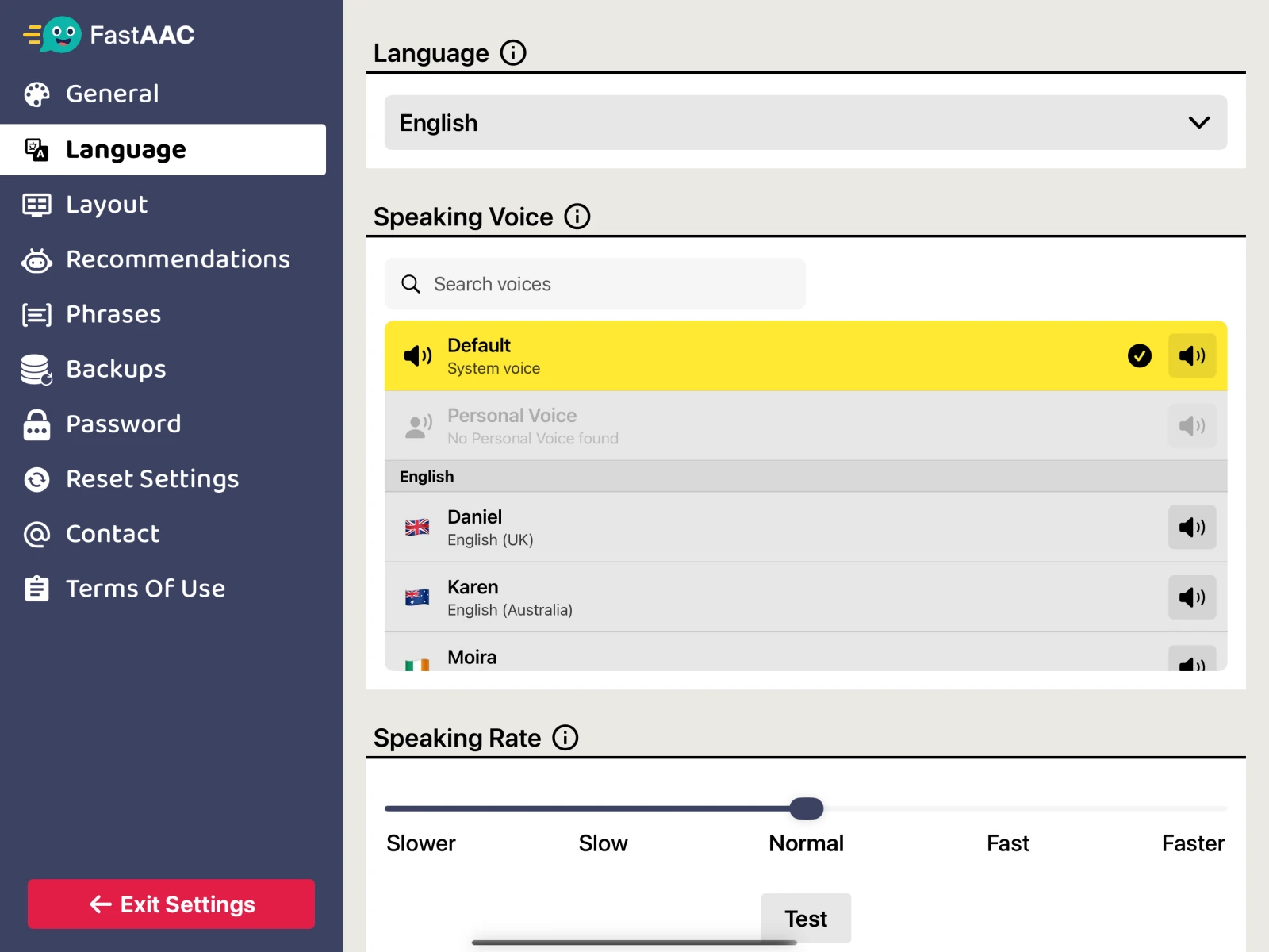 Fast AAC Language Settings: language selection, voice search and previews, and Speaking Rate with Test.
