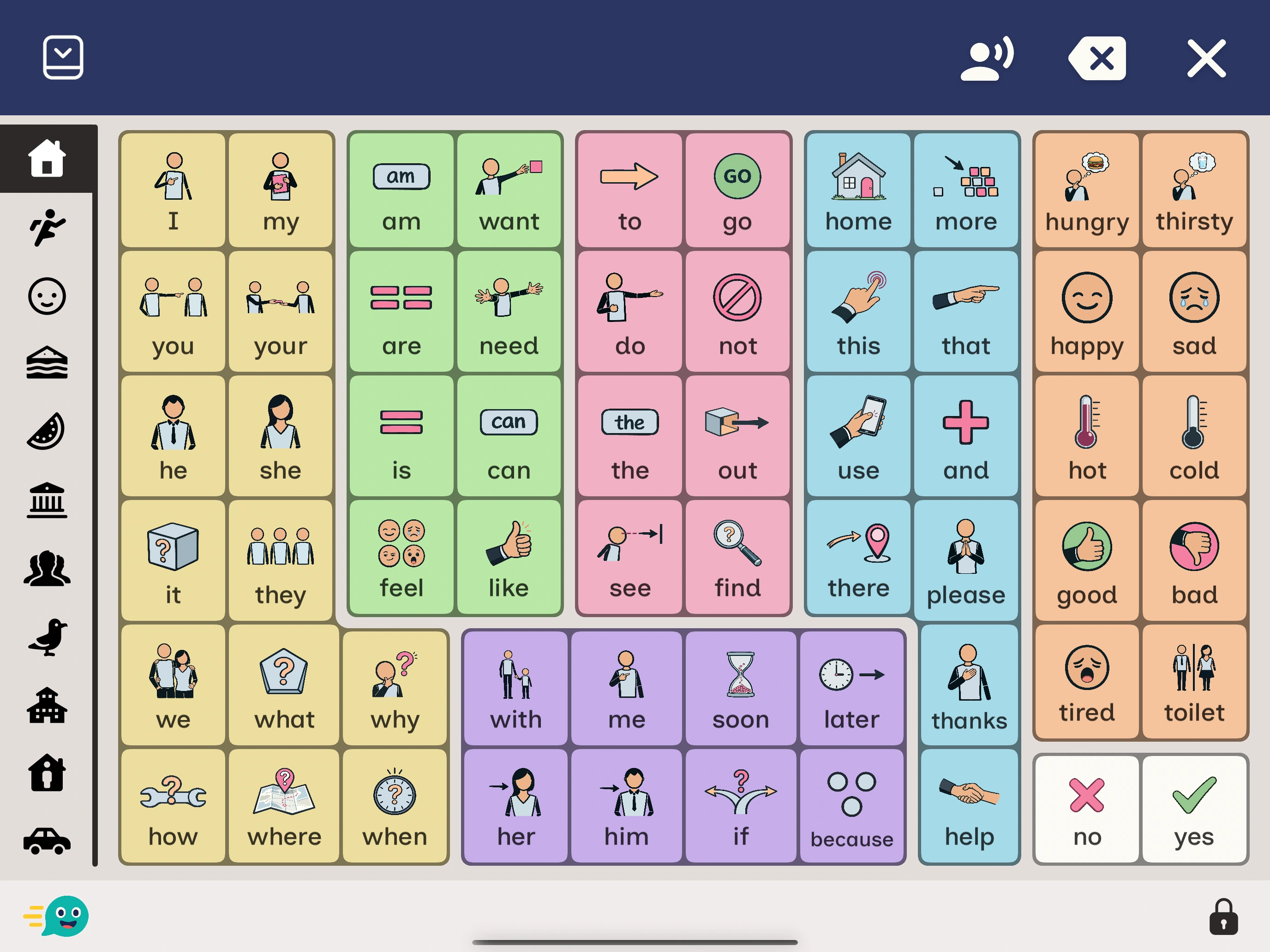 A Fast AAC page with a light background and pastel vocabulary tiles