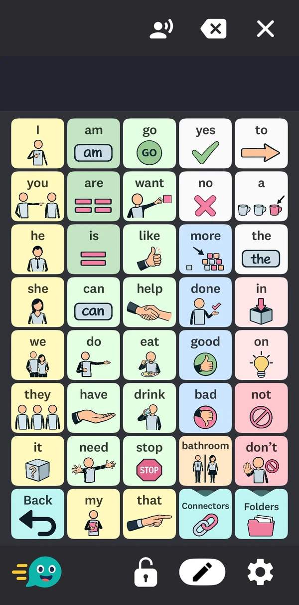 A current Fast AAC communication page on iPhone with FluentCore symbols